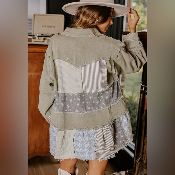 POL | NIP Sage 100% Cotton Color Block Mixed Print Raw Edges Patchwork Jacket M - Picture 7 of 9